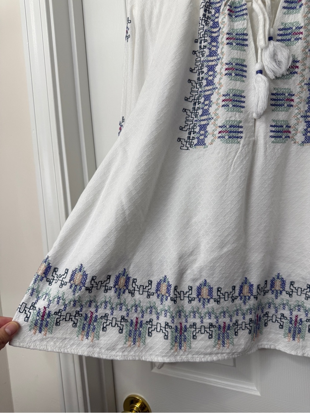 Knox Rose White Embroidered Peasant Tunic with Blue & Pink Accents - Picture 5 of 7